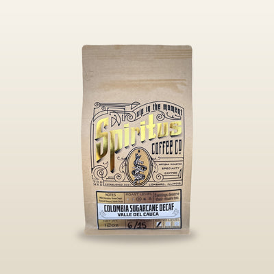 Colombia Sugarcane Decaf Valle del Cauca 12 oz kraft bag with gold foil, studio photo