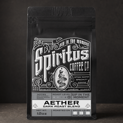 Aether Dark Roast 12oz matte black bag, Spiritus Coffee Co.