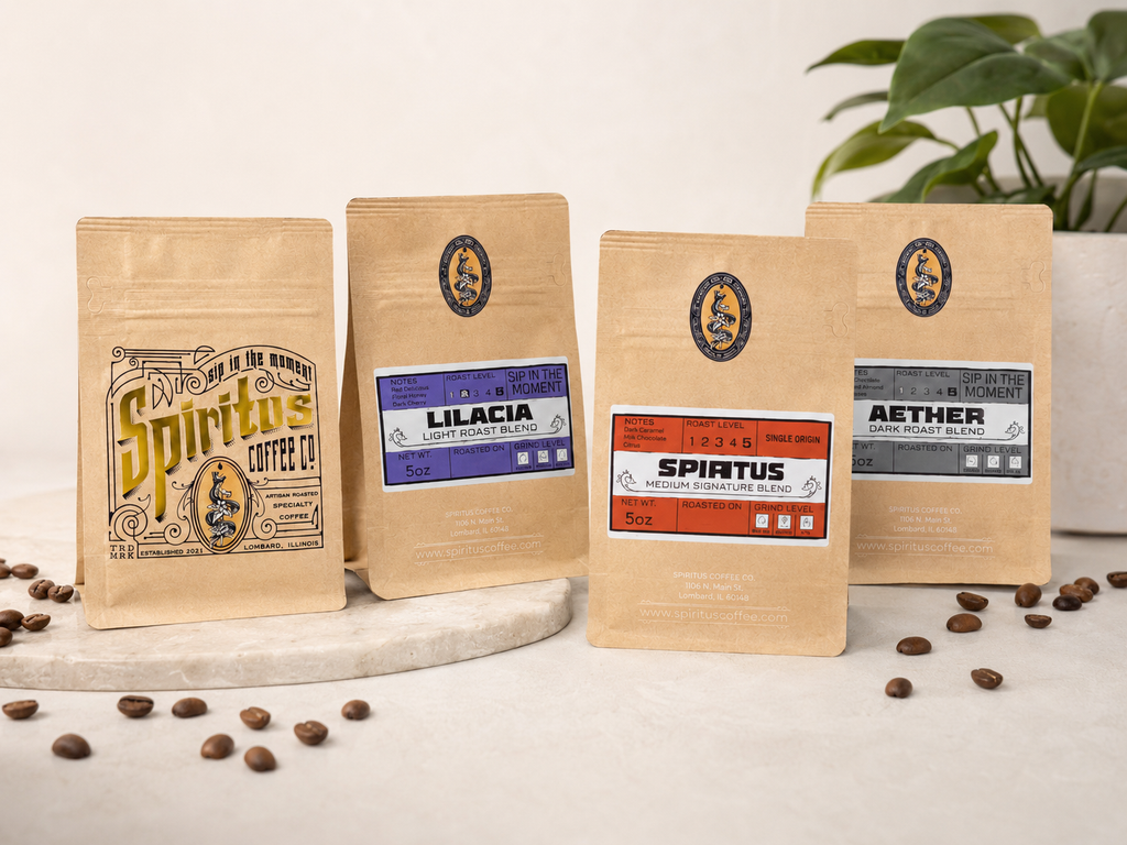 Spiritus Sampler — four 5 oz bags: Lilacia, Spiritus Signature Blend, Aether, and a featured single origin