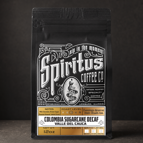 Colombia Sugarcane Decaf 12oz matte black bag, Spiritus Coffee Co.