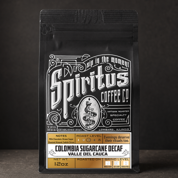 Colombia Sugarcane Decaf 12oz matte black bag, Spiritus Coffee Co.