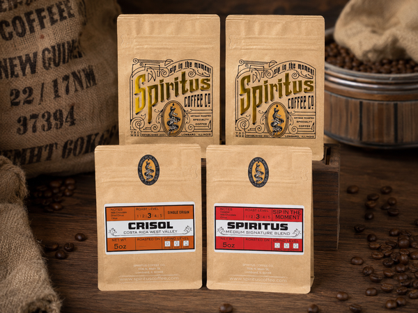 Spiritus Sampler — four 5 oz bags: Lilacia, Spiritus Signature Blend, Aether, and a featured single origin