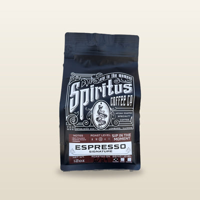 Spiritus Classic Espresso 12 oz bag, roasted on date written by hand, studio photo