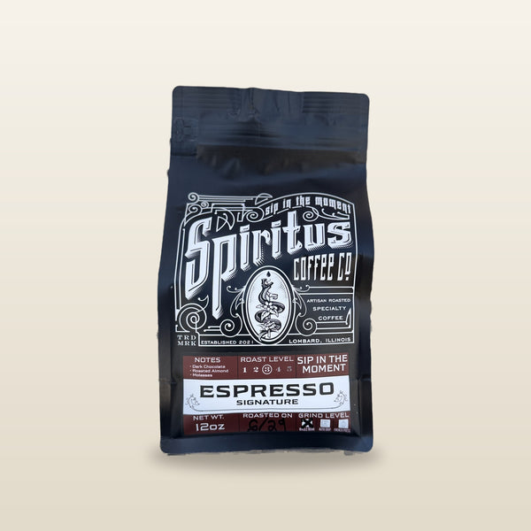 Spiritus Classic Espresso 12 oz bag, roasted on date written by hand, studio photo