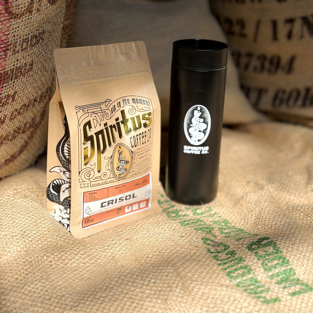 360 Traveler Tumbler beside a bag of Spiritus coffee on a burlap sack