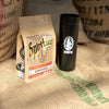 360 Traveler Tumbler beside a bag of Spiritus coffee on a burlap sack