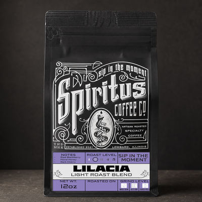 Lilacia Blend 12oz matte black bag, Spiritus Coffee Co.