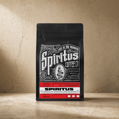 Spiritus Spiritus Signature Blend 12oz coffee bag on cream stone