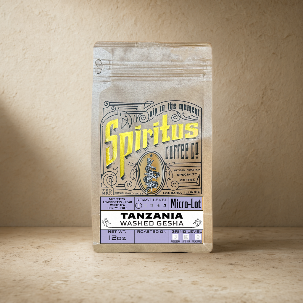 Spiritus Tanzania Gesha 12oz coffee bag on cream stone