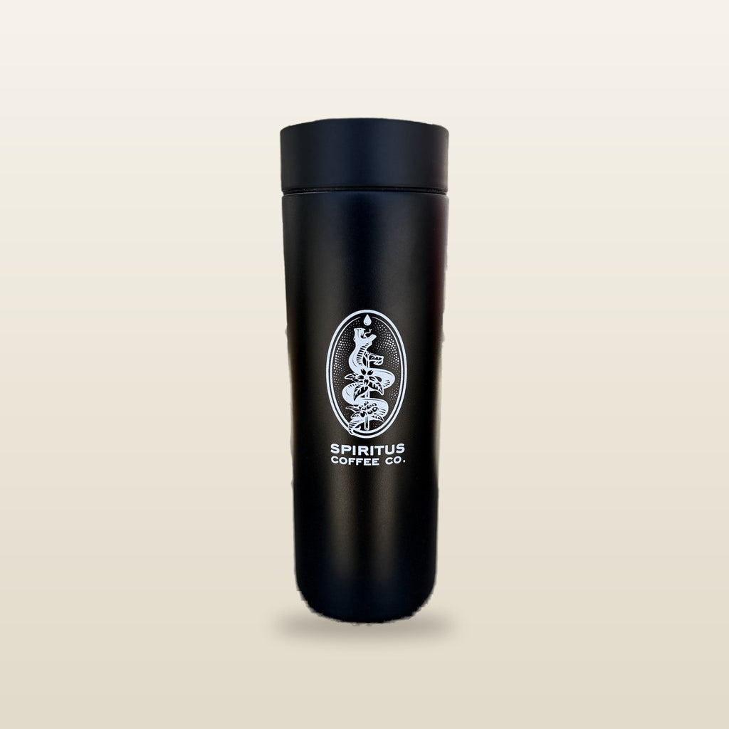 360 Traveler Tumbler with Spiritus serpent emblem, studio photo