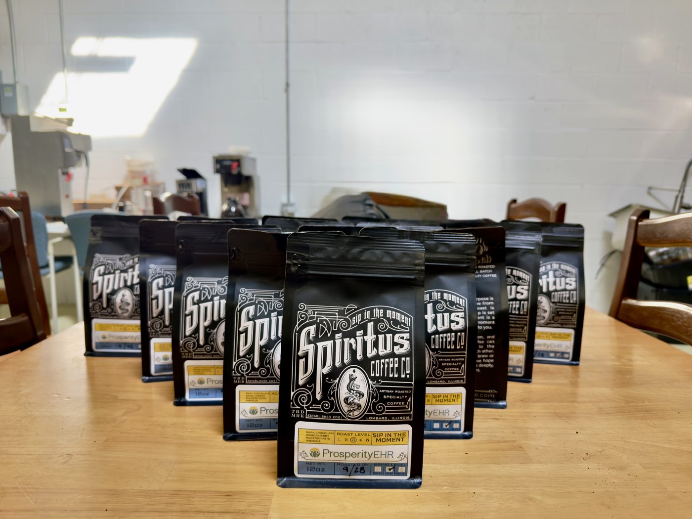 Custom labeled Spiritus bags roasted for a corporate client