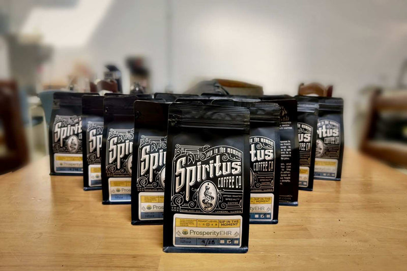 Custom labeled Spiritus bags roasted for a corporate client